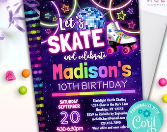 roller disco party birthday invitation editable template | rainbow glow roller skating birthday party invite | groovy 70s 80s skate party