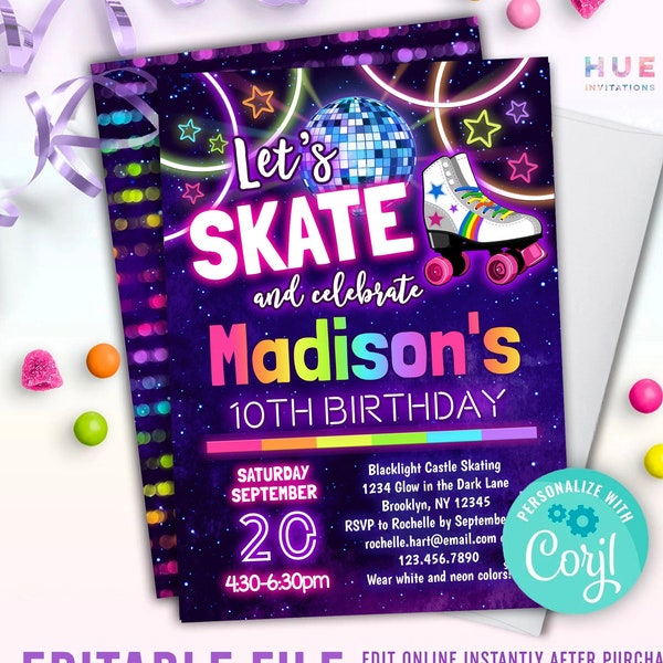 modèle modifiable d'invitation d'anniversaire de soirée disco roller | invitation de fête d'anniversaire de patinage à roulettes lueur arc-en-ciel | soirée skate groovy des années 70 et 80