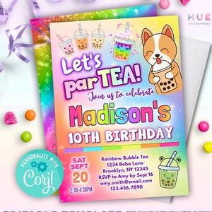 cute bubble tea birthday party invitation editable template | rainbow boba theme par-tea invite | girl bubble tea birthday parTEA invitation