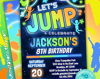 boys jump party birthday invitation | neon glow jump & celebrate trampoline park birthday invite editable template | blue green orange color