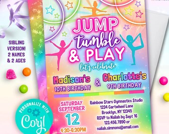 May include: A colorful invitation for a gymnastics-themed birthday party. The design features the text "Jump Tumble & Play" with the names Madison and Charlotte, and the date and time of the event. The invitation is an editable template.