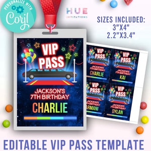Afdrukbare sjabloon voor lanyards met VIP-pas voor kinderlimousine | VIP-verjaardagsbadge voor jongens regenbooggloed vip-limousine | bewerkbare sjablonen