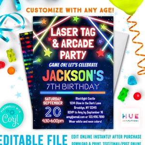 laser tag arcade birthday party editable invitation template | rainbow glow stars arcade games birthday party invite for boys and girls