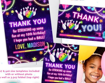 bowling birthday party thank you cards Corjl template | girls rainbow glow bowling thank you card editable templates with photo or without