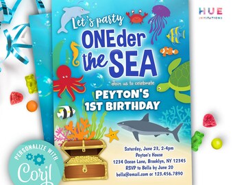 Modèle Corjl modifiable d'invitation pour 1er anniversaire ONEder la mer | Invitation à une première fête d'anniversaire d'animaux marins sous-marins pour garçon ou fille