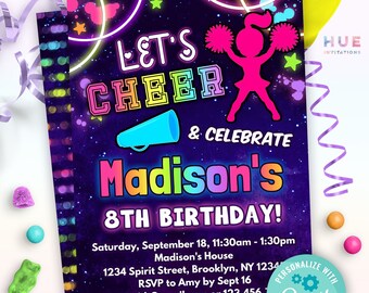 cheerleading birthday party invitation editable template | rainbow cheerleader theme birthday invite for kids