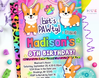 linda plantilla editable de invitación a fiesta de cumpleaños de corgi / invitaciones de cumpleaños de corgi / invitaciones a fiesta de corgis arcoíris