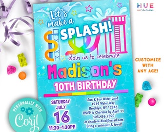 editable water park birthday invitation template | let's make a splash girls waterpark party invite | summer waterslide printable invitation