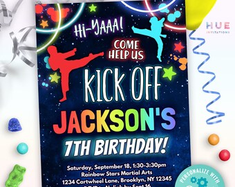 colorful karate party invitation editable template | taekwondo martial arts theme birthday invite for boys and girls | come help us kick off
