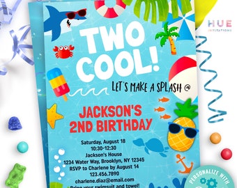 May include: A blue and white birthday invitation featuring a shark, a pineapple, and a crab. The text reads "Two Cool! Let's Make a Splash @ Jackson's 2nd Birthday".