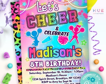 invitación de cumpleaños de porristas arcoíris plantilla editable / invitación a fiesta temática de porristas de leopardo para niños descarga instantánea