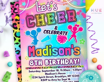 rainbow cheerleading birthday invitation editable template | leopard cheerleader theme party invite for kids instant download