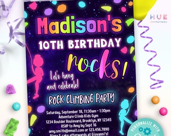 rock climbing birthday party invitation editable template | girls rock wall birthday invite | kids rainbow rock climbing gym invitation