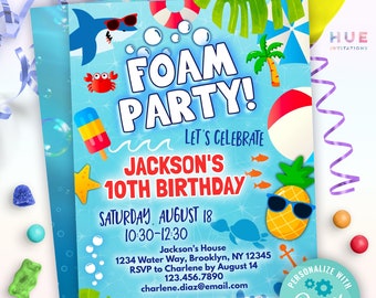 kids foam party invitation template for boys and girls | shark pineapple foam birthday invitation | summer tropical theme bright colors