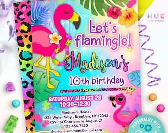 invitación de cumpleaños de flamenco para niña / plantilla editable de invitación a fiesta en la piscina tropical let's flamingle / luau hawaiano de leopardo arcoíris