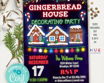 gingerbread house decorating party editable template | colorful holiday gingerbread house making workshop flyer for kids and adults