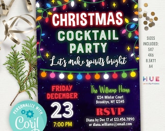 May include: A Christmas cocktail party invitation with a dark blue background and string lights. The text reads "Christmas Cocktail Party" and "Let's make spirits bright." Includes event details and RSVP information. Sizes included: 5x7, 4x6, 8.5x11, A4.