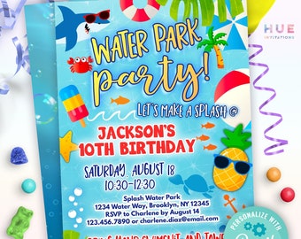 boys water park birthday invitation template | shark & pineapple waterpark party invite | summer waterslide invitation