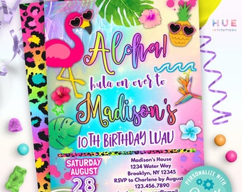 invitación de cumpleaños hawaiano aloha para niña / invitación de fiesta temática luau de leopardo / hula sobre cumpleaños de piña tropical y flamenco
