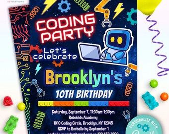 coding birthday party invitation for boys and girls | computer coding & robotics theme birthday party invite for kids | rainbow colors