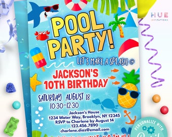 invitación de fiesta en la piscina para niños / invitación de cumpleaños de fiesta en la piscina con tiburones y piñas plantilla editable / invitación temática tropical de fiesta en la piscina de verano