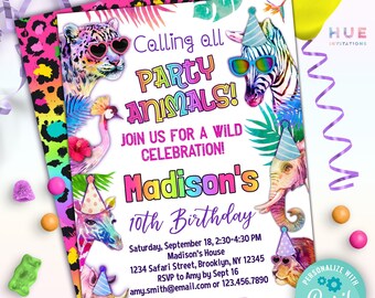 cute party animal birthday invitation any age editable template | rainbow party animals invite for girls | safari animals theme birthday