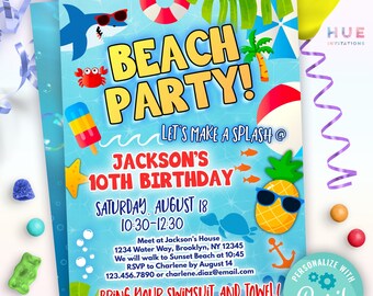 boys beach party invitation | shark and pineapple beach party birthday invitation editable template | summer tropical theme invite