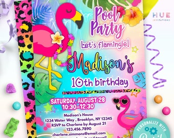 May include: Pink flamingo pool party invitation with a colorful background and text that says "Let's flamingle!" and "Madison's 10th birthday". The invitation includes the date, time, address, RSVP information, and a personalized message.