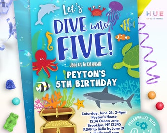 duik in vijf uitnodigingen voor de 5e verjaardag voor jongen of meisje | onder de zee oceaan dieren thema aquarium 5e verjaardagsfeestje uitnodiging