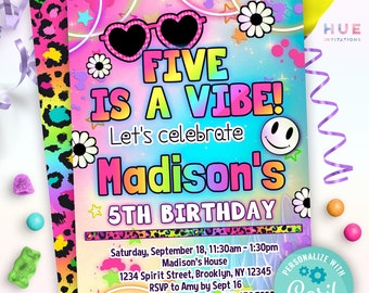 FIVE is a vibe 5th birthday party invitation editable template | groovy rainbow leopard daisy & smiley 5th birthday invite for girls