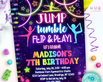 May include: A purple birthday invitation with neon pink, green, and blue accents. It features a silhouette of a gymnast in a star-shaped background. The text reads "Jump, Tumble, Flip & Play! Let's Celebrate Madison's 7th Birthday".