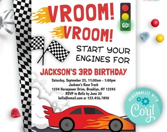 VROOM VROOM race car birthday invitation instant download | start your engines car racing party invite template | any age boy or girl