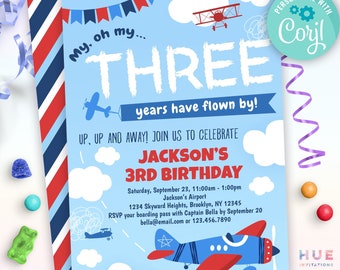 airplane 3rd birthday invitation | boys plane party invitation | red white blue colors airplane theme invite editable template