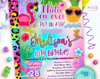 hula on over birthday invitation | Hawaiian theme tropical luau party invite for girls | flower lei flamingo and pineapple rainbow colors