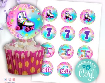 rainbow roller skate party cupcake toppers | girls glow skating birthday 2 inch circles editable template for making cupcake toppers