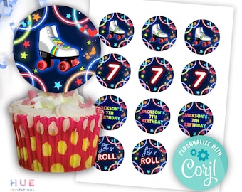 boys roller skate party cupcake toppers editable template | printable glow skating birthday 2 inch circles instant download