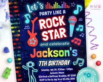 faire la fête comme une rock star, fille et garçon | modèle d'invitation d'anniversaire de rock star arc-en-ciel | Invitation à une fête d'enfants à thème rock n roll