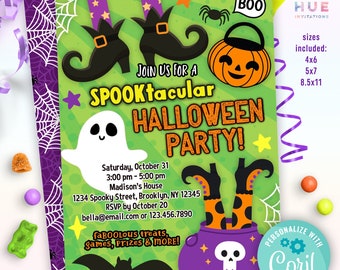 witch Halloween party invitations | cute witch legs Halloween party invites | kids spooky Halloween invites ghost bat and pumpkin