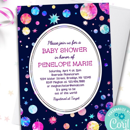 Space Themed Baby Shower Invitation Modern Girls Baby Shower Etsy