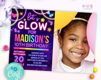 neon glow party editable invitation with a photo | glow in the dark led blacklight birthday party invite template for girls and boys
