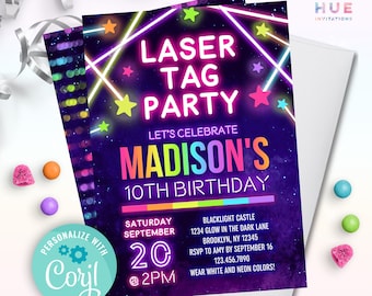 girls laser tag party birthday invitation editable instant download | rainbow bright colors neon glow laser tag invite for girls or boys