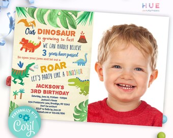 May include: A colourful dinosaur-themed birthday invitation with a photo placeholder. The invitation features a green, yellow, and blue dinosaur with the text "Our Dinosaur is growing so fast. We can hardly believe 3 years have passed. So open your jaws and let out a ROAR. Let's party like a dinosaur." The invitation also includes the text "Jackson's 3rd Birthday" and details for the party.