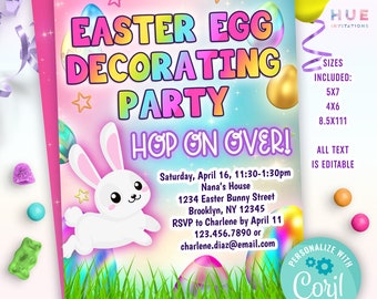 Ostereier dekorieren Party Einladung Vorlage | hop on over Osterhase Eiersuche einladen | bearbeitbare Osterparty-Einladung
