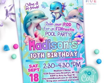 plantilla editable de invitación a fiesta en la piscina con delfines / invitación de cumpleaños para fiesta en la piscina con lindos delfines bajo el mar para niñas / aguamarina rosa púrpura