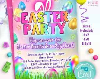 Easter party invitation template | hop on over easter bunny egg hunt invite | editable easter brunch invitation