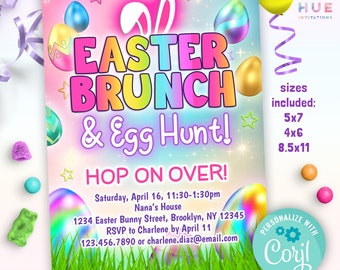 Easter brunch & egg hunt invitation template | hop on over easter bunny egg hunt invite | editable easter party invitation