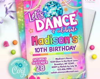 girls rainbow dance party birthday invitation editable template | bright colors disco ball dance birthday invite with photo or without