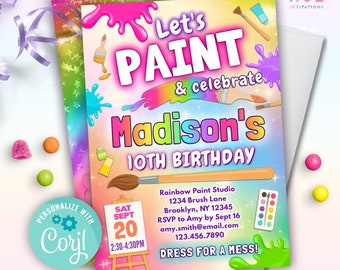 editable paint & celebrate art party invitation | girls rainbow paint party birthday invitation template | dress for a mess party