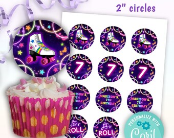 May include: Editable cupcake toppers featuring a neon roller skate design with a purple and black background. The toppers include a roller skate, the number 7, and the text "Let's Roll".