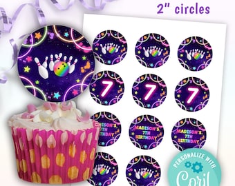 bowling birthday party cupcake toppers editable template | printable glow bowling 2 inch circles instant download